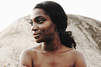 Buy stock photo Black woman, thinking or vision of dermatology, skincare or idea of wellness, health or cosmetology. Glow, female person or inspired by memory of natural, organic or sunscreen as flawless skin makeup