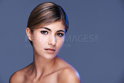 Buy stock photo Portrait, skincare and mockup with natural woman in studio isolated on grey background for wellness. Aesthetic, beauty and transformation with confident young model on space for dermatology treatment