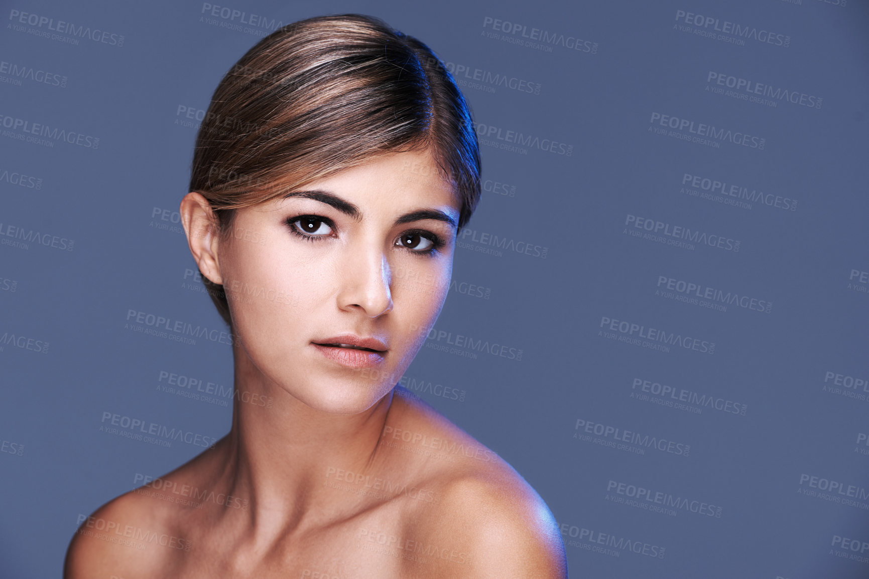 Buy stock photo Portrait, skincare and mockup with natural woman in studio isolated on grey background for wellness. Aesthetic, beauty and transformation with confident young model on space for dermatology treatment
