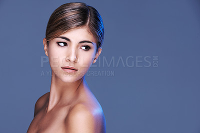 Buy stock photo A cropped shot of a beautiful young woman isolated on grey