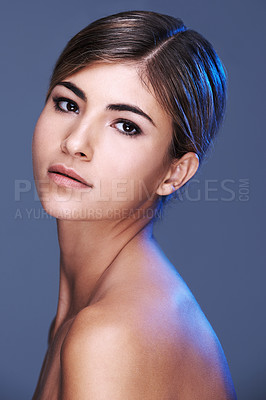 Buy stock photo Portrait, facial and skincare with natural woman in studio isolated on grey background for wellness. Aesthetic, beauty and cosmetology with face of confident young model at salon for dermatology