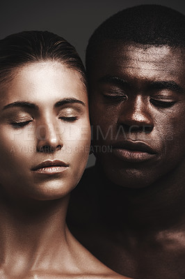Buy stock photo Interracial couple, glow or love in skincare, beauty or dermatology as health, support or wellness. Black man, woman or face as creative, aesthetic or diversity in bonding together on grey background