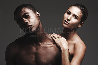 Buy stock photo Portrait, interracial couple or love in skincare, dermatology or health to support wellness. Black man, woman or glow as creative, aesthetic or diversity in bonding together on grey background