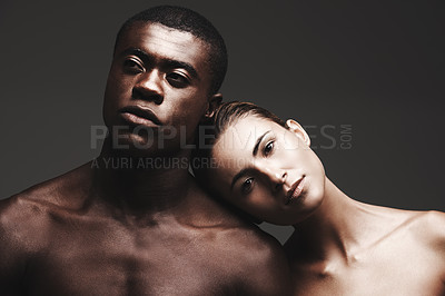 Buy stock photo Portrait, balck man or woman in skincare, dermatology or beauty as health, wellness or love. Interracial couple, glow or face as healthy, aesthetic or diversity in bonding together on grey background