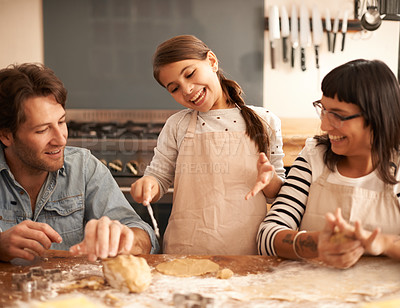 Buy stock photo Mother, father and child with baking dough in kitchen with flour, happiness and teaching with support. Family, parents and girl with helping, learning and bonding with cooking for hobby and playing