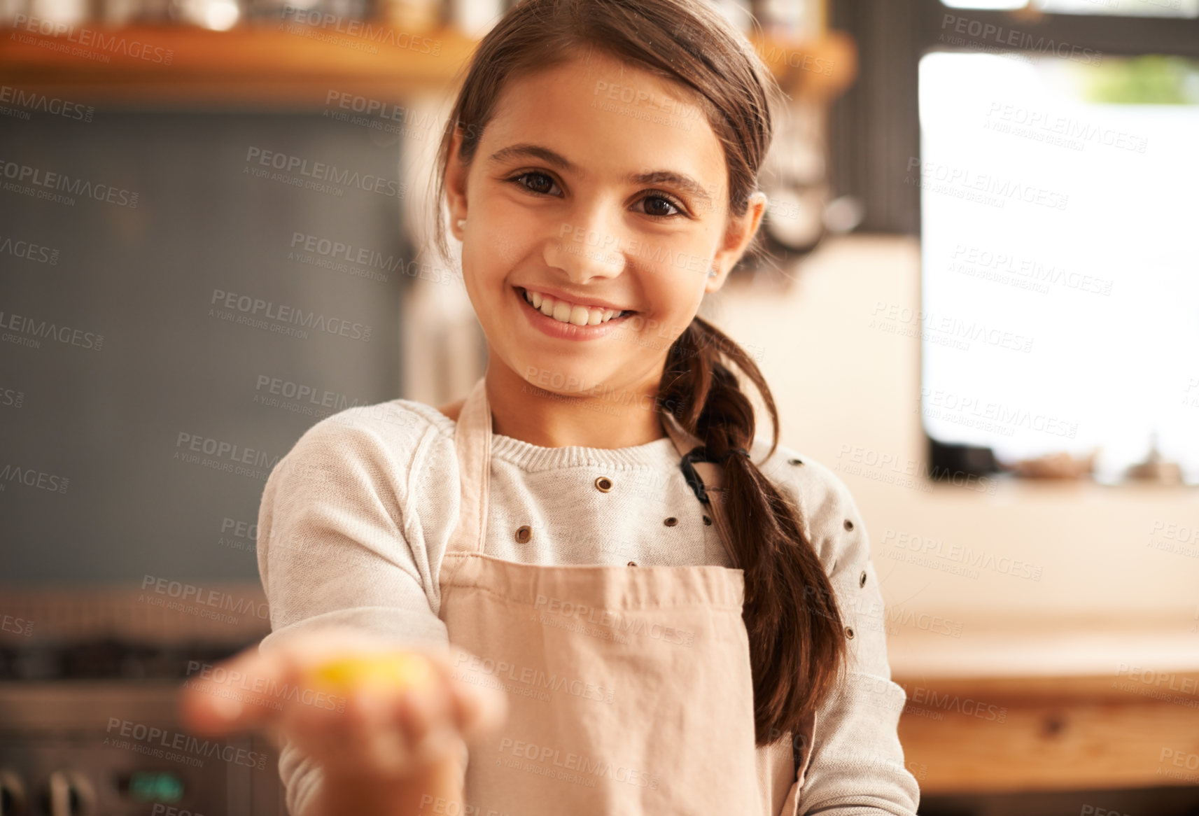 Buy stock photo Girl, portrait and dough in hand for baking, pastry and prepare flour mixture in kitchen. Female person, kid and smile for learning in home, child development and education for cookie skill or cake