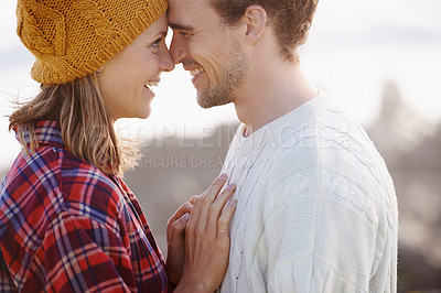 Buy stock photo Happy couple, marriage or bonding together in nature, piggyback or romantic getaway on holiday by blue sky. Man, woman and love on vacation on weekend break, joy and adventure in outdoor on honeymoon