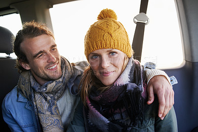 Buy stock photo Happy couple, portrait and travel together in vehicle, camping and romantic getaway on honeymoon in outdoor. Man, woman and love on vacation on weekend break, adventure and affection on trip in woods