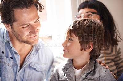 Buy stock photo Dad, boy and smile with family in home, happy son and man bonding for child development and parent relationship. Kid, childhood vacation house and people on holiday for care, together with love