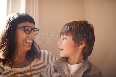 Buy stock photo Family, mother and son with love, talking and bonding with happiness, relax and communication. Female parent, mama and boy with joy, male child and kid with his mom, conversation and chatting at home