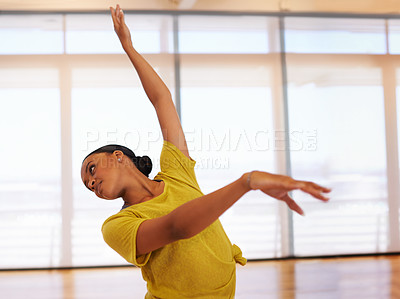 Buy stock photo Dance, ballet and woman in fitness studio for performance, show or theater rehearsal. Art, balance or female dancer with classic, beauty or movement for ballroom, steps or warm up for stage training