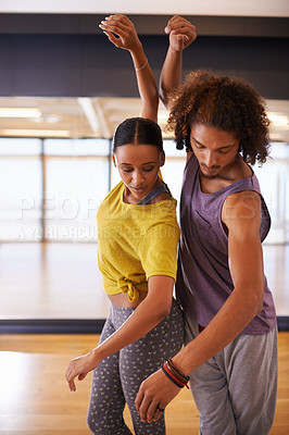 Buy stock photo Partners, ballet and dance practice in studio, performance and training together for rehearsal. Athletes, competitive and movement for recital, team and artists for collaboration in creative routine