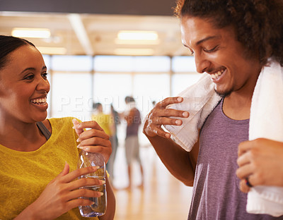 Buy stock photo People, drinking water and hydration in dance studio, smile and relax from practice or learning routine. Partners, mineral liquid and happy for rest, break and nutrition for exercise or workout