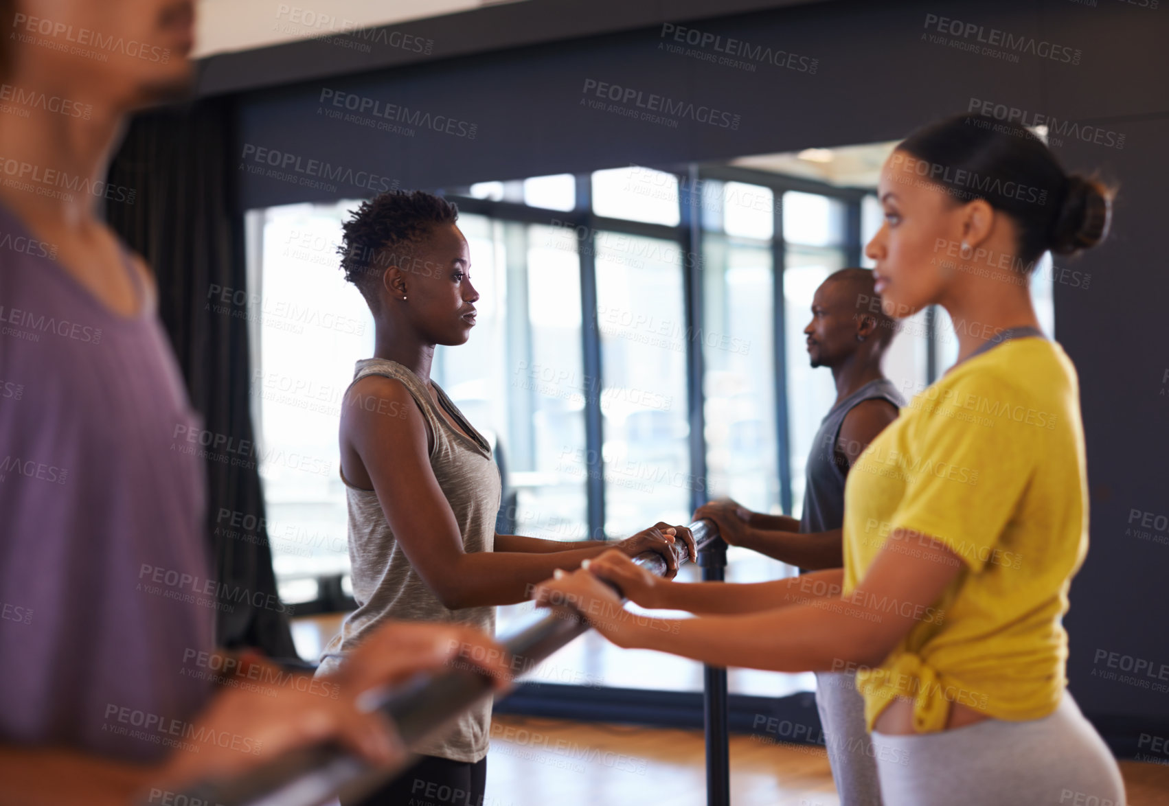 Buy stock photo Fitness, studio and profile of black woman in dance school for training, rehearsal or learning technique with partner. Instructor, trainer or students for dancing, balance or together for performance