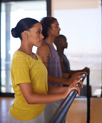 Buy stock photo Ready, studio and profile of people in dance school for training, rehearsal or learning technique with partners. Instructor, trainer or students for dancing, barre or together for performance