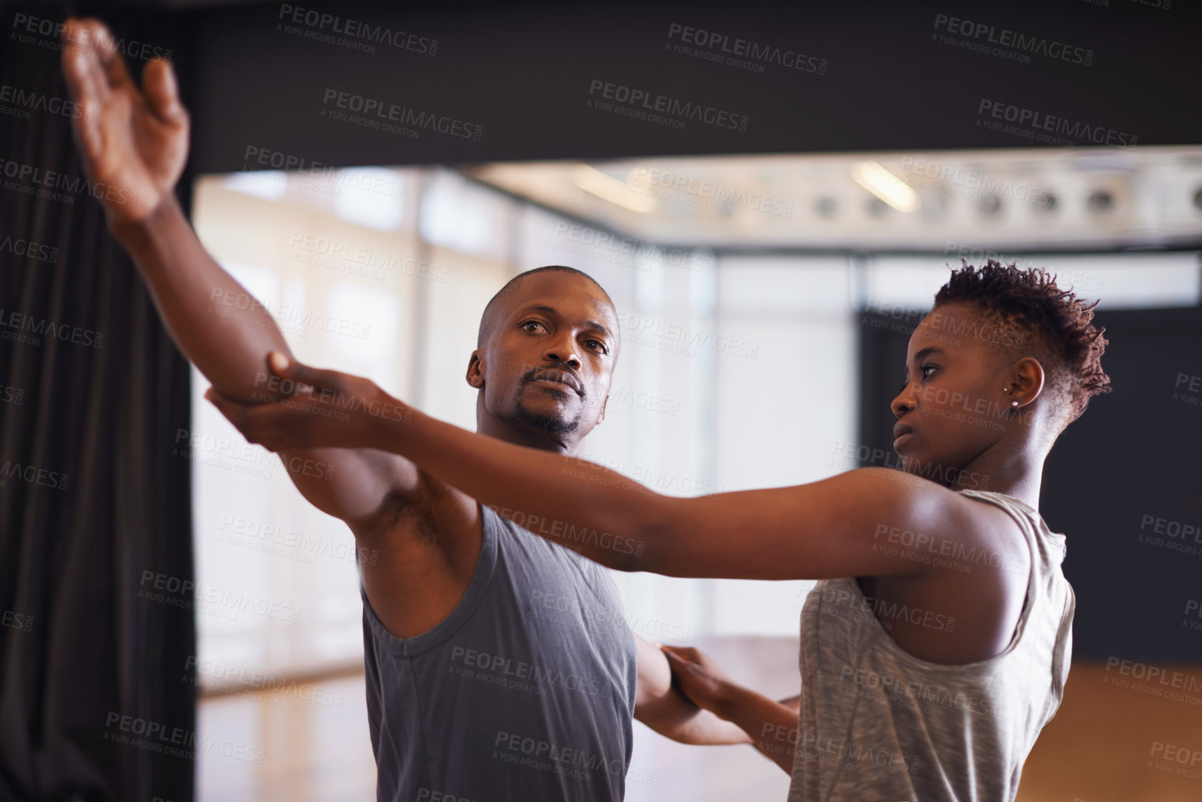 Buy stock photo Art, creative or dance with student and teacher in class together for theater performance training. Fitness, learning and school with black man instructor teaching dancer in studio for production