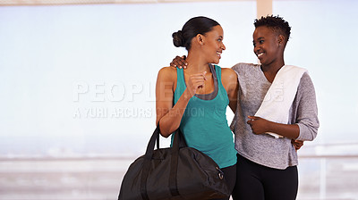 Buy stock photo Fitness, hug and happy friends at gym walking after training, exercise or sports routine. Workout, club and women smile with support after morning cardio, challenge or bonding with conversation