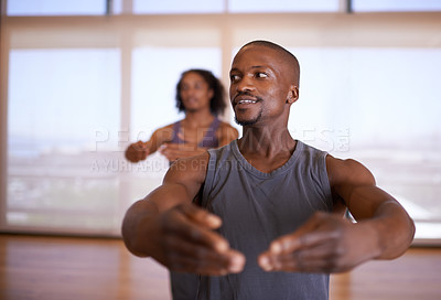 Buy stock photo Gym, dance and man teaching people in studio for fitness, sport and exercise for balance with performance. Lesson, coach and male person training student in class, active and wellness with health