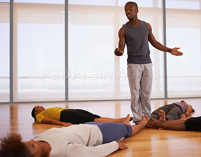 Buy stock photo Dance, fitness and people with teacher on floor in class for wellness, balance and theatre performance. Creative dancer, instructor and group for movement pose, exercise and training for practice