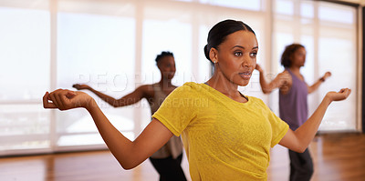 Buy stock photo Dancer, woman and training for learning, exercise and fitness in a dance studio with movement routine. People and performance workout of woman with ballet and wellness in a performing arts class
