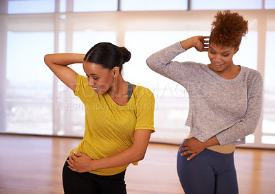 Buy stock photo Dance, smile and rehearsal with woman friends in studio for performance, routine or choreography. Energy, fitness or training with dancer people in classroom together for music, art or practice