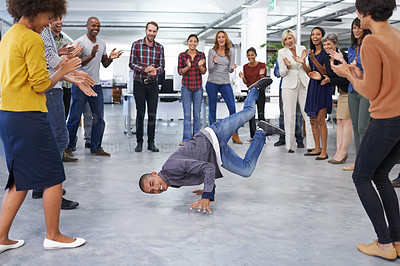 Buy stock photo Breakdance, office and business people in celebration for success, teamwork and achievement at startup. Dance, team building and excited staff with applause, smile and happiness in circle with fun