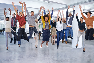 Buy stock photo Shot of office staff jumping