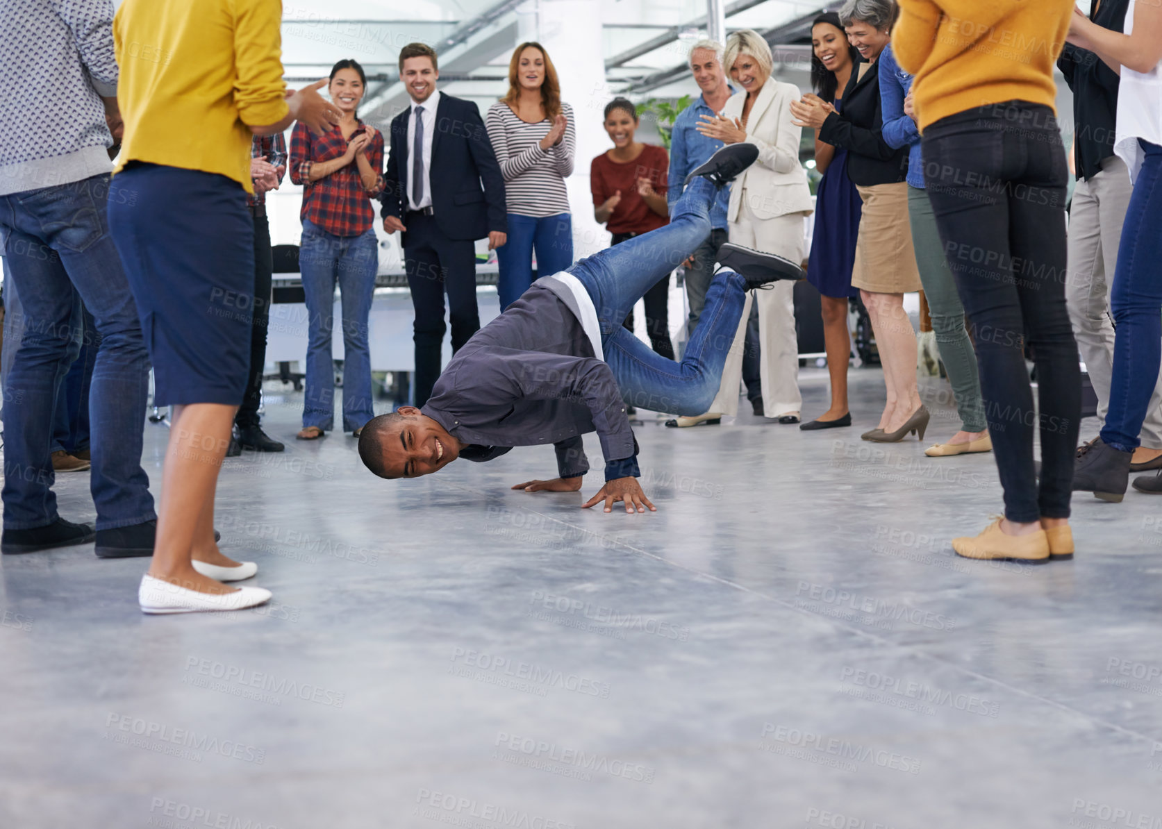 Buy stock photo Breakdance, office and people in celebration for success, teamwork and achievement at startup. Dance, team building and excited staff with applause, smile and happiness in circle with business party