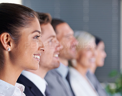 Buy stock photo Smile, face and row of business people in office for recruitment, opportunity and human resources. Confidence, teamwork and diversity with men, women and happy solidarity in professional HR career