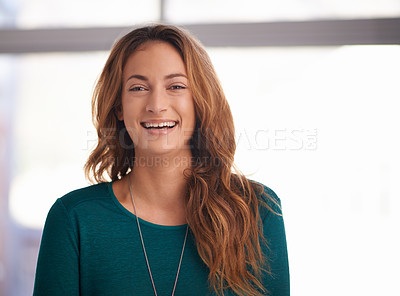 Buy stock photo Portrait, smile and business woman in office, startup or company for creative job in workplace. Face, happy person and professional entrepreneur, employee and designer laughing on mockup in Canada