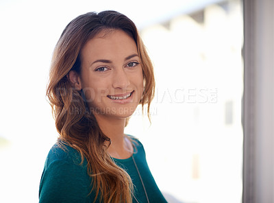 Buy stock photo Portrait, smile and business woman in office, startup or company for creative job in workplace. Face, happy person and professional entrepreneur, employee and designer working on career in Canada