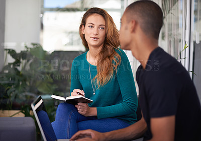 Buy stock photo Students, laptop and notebook with discussion for research, university project or studying in workspace. Friends, technology and brainstorming with collaboration for teamwork, ideas and learning