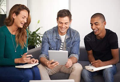 Buy stock photo University, students and tablet on sofa for project research, funny post or social media break. Friends, college and technology with notebook for planning, brainstorming and laugh at comedy meme