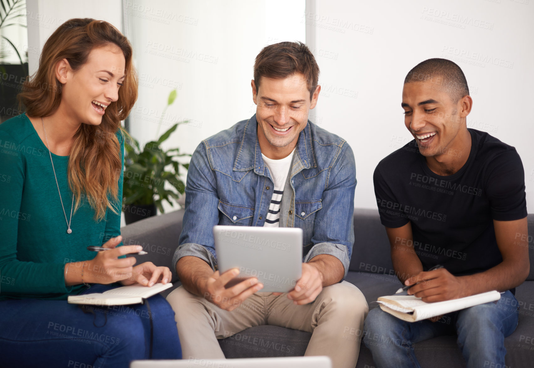Buy stock photo University, students and tablet on sofa for project research, funny post or social media break. Friends, college and technology with notebook for planning, brainstorming and laugh at comedy meme