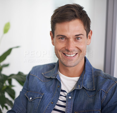 Buy stock photo Portrait, smile and business man in office, startup or company for creative job in workplace. Face, happy person and professional entrepreneur, employee and designer working in Canada for career