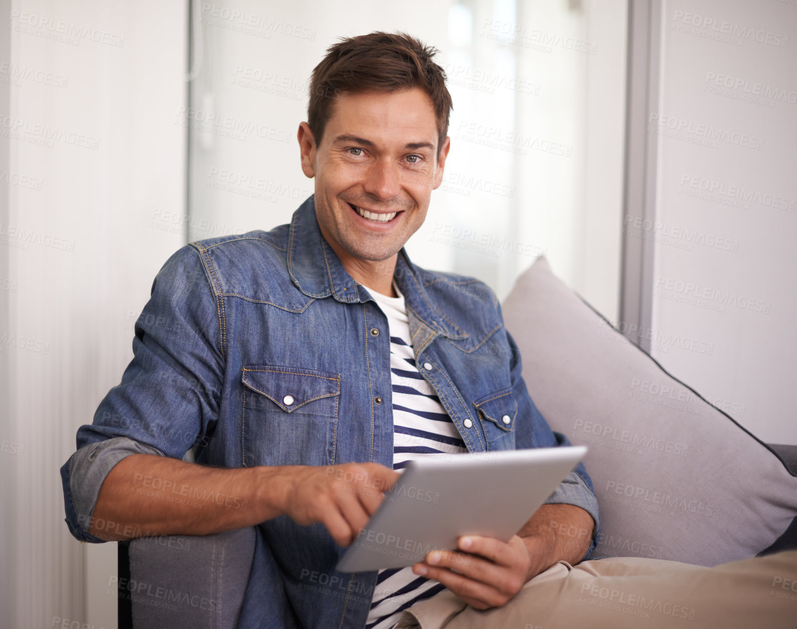 Buy stock photo Portrait, smile and business man with tablet in office, startup or company for creative job in workplace. Face, happy professional and entrepreneur with technology for employee or designer in Canada