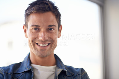 Buy stock photo Portrait, smile and business man in startup, office or company for creative job in workplace. Face, happy person and professional entrepreneur, employee and designer working in Canada for career