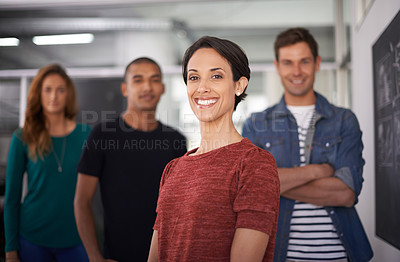 Buy stock photo Businesswoman, happy and work portrait with team, creative and professional career. Leadership, female person smile and confident with diversity coworkers in collaboration and standing together