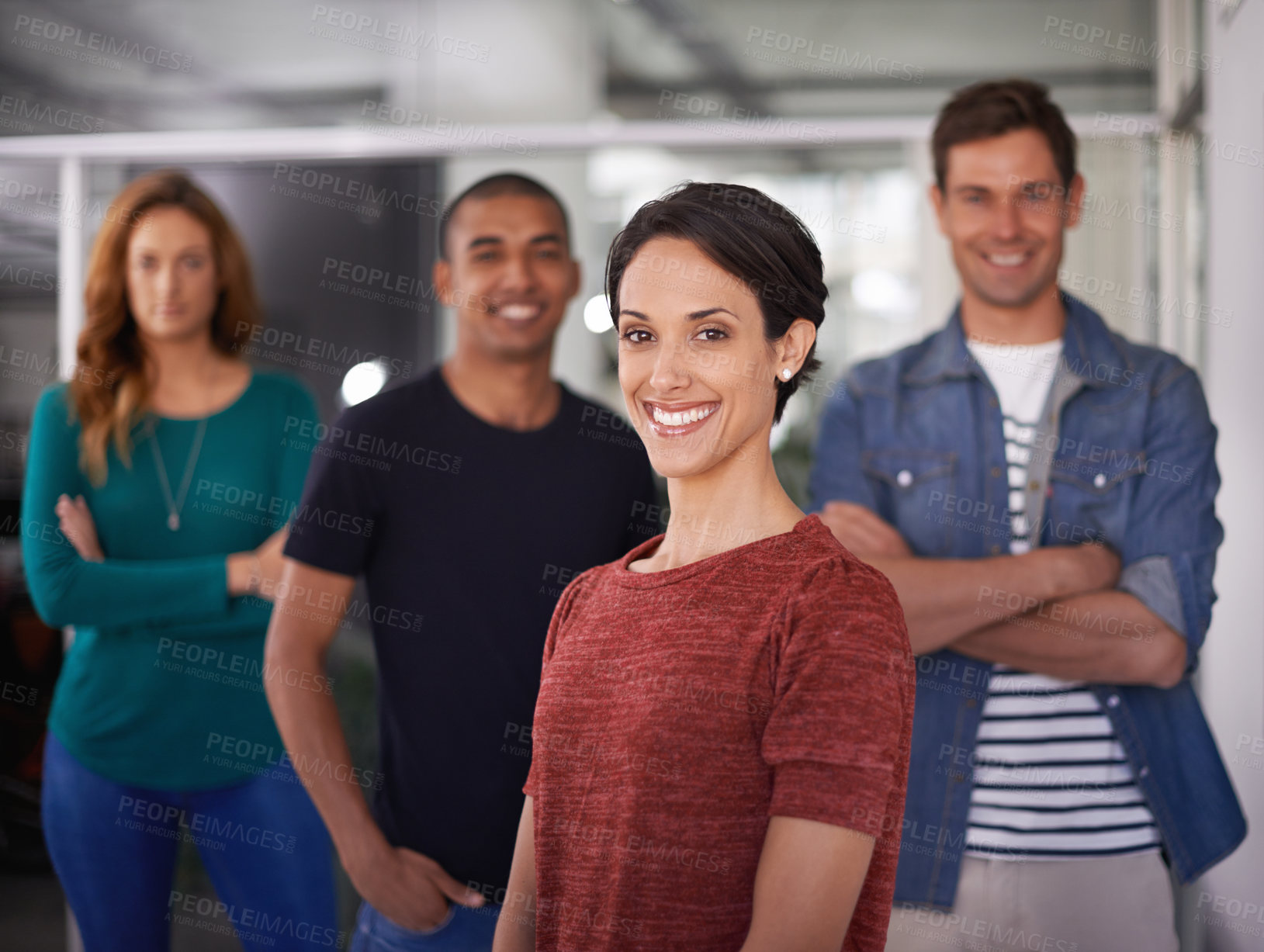 Buy stock photo Businesswoman, happy and office portrait with team, creative and professional career. Leadership, female person and confident with diversity coworkers in collaboration and standing together.