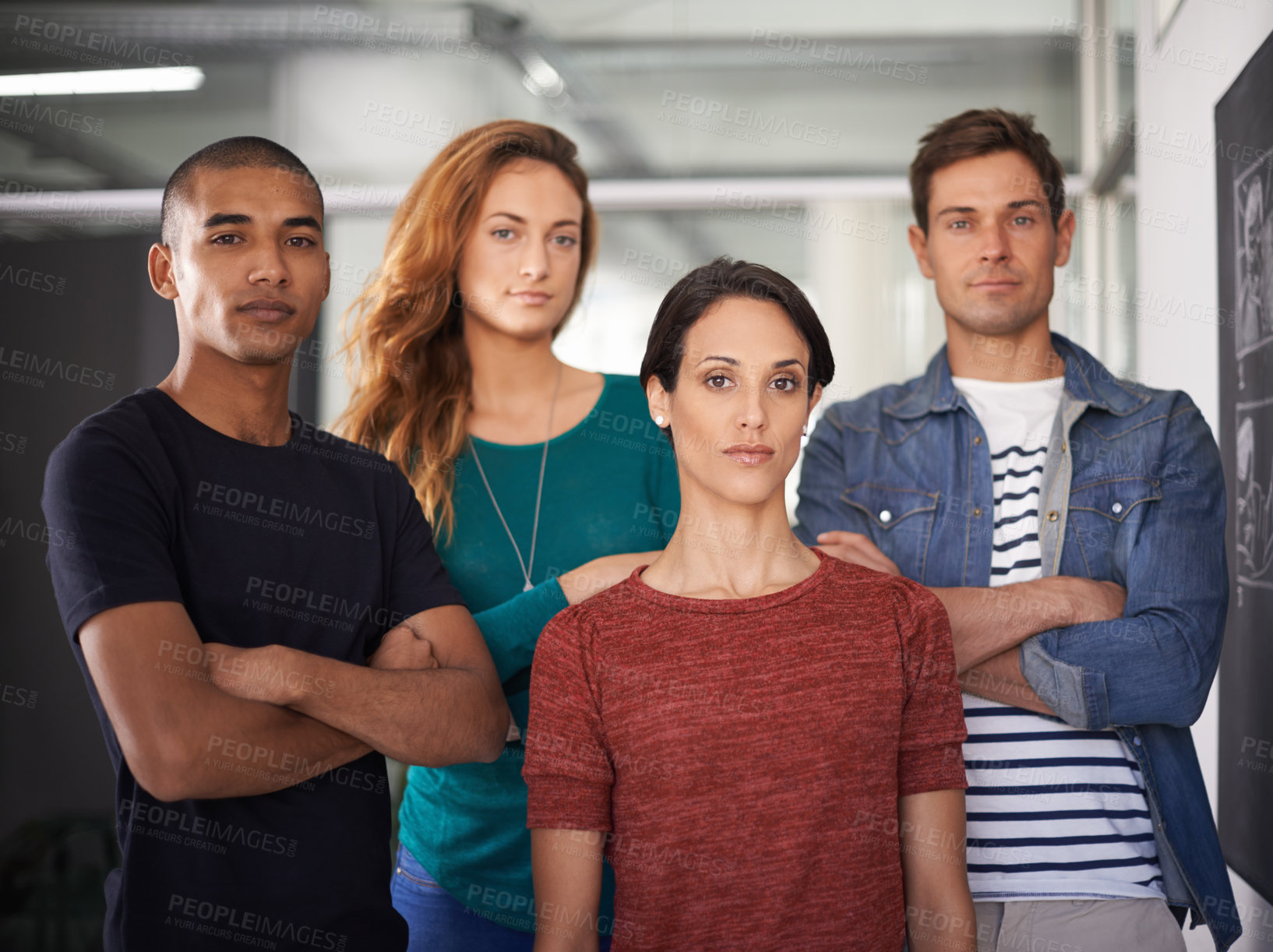 Buy stock photo Portrait, graphic designer and business people with creativity, leader or employees with collaboration or cartoon. Face, group or artist with professional or entrepreneur with teamwork or cooperation