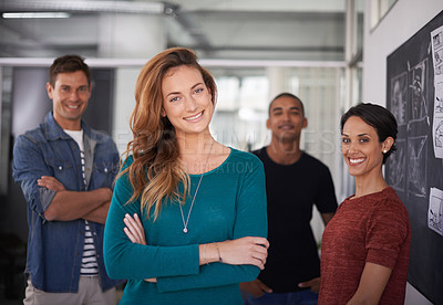 Buy stock photo Businesswoman, smile and office portrait with colleagues, creative and professional career. Leadership, female person and confident with diversity coworkers in collaboration and standing together

