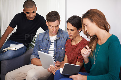 Buy stock photo Students, college and tablet on sofa for planning, elearning or studying for exam together. University, group of friends and technology with notebook for brainstorming, discussion or project research