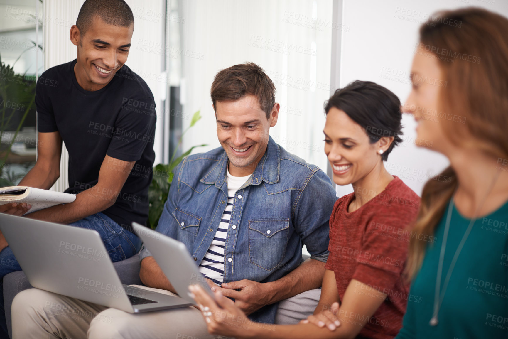 Buy stock photo Computer, tablet and business people in meeting in office for creative project planning and brainstorming. Discussion, teamwork and designers working in collaboration with technology in workplace.