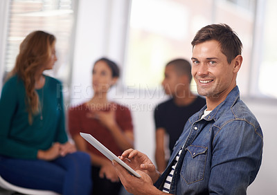 Buy stock photo Portrait, smile and businessman with tablet in meeting, office or startup company for creative job in workplace. Face, professional and happy entrepreneur with technology, coworking and editor online