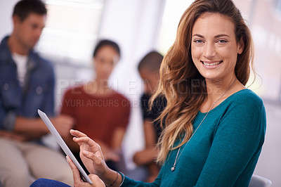 Buy stock photo Portrait, smile and business woman with tablet in office, startup or company for creative job in workplace. Face, happy professional and entrepreneur with technology, employee and designer in meeting
