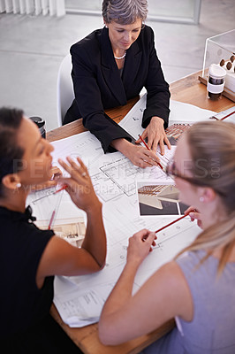 Buy stock photo People, floor plan or civil engineering team drawing for development project and measuring on paper. Architecture, women or group of designers with ruler for sketching blueprint of office building