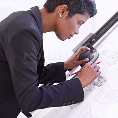 Buy stock photo Ruler, civil engineering or woman drawing on blueprint or paper for development project planning. Measure, business or female designer with ruler or pencil for sketching floor plan of office building