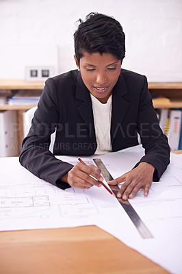Buy stock photo Architecture, civil engineering or woman drawing on blueprint or paper for development project. Measure, blueprint or female designer with ruler or pencil for sketching floor plan of office building