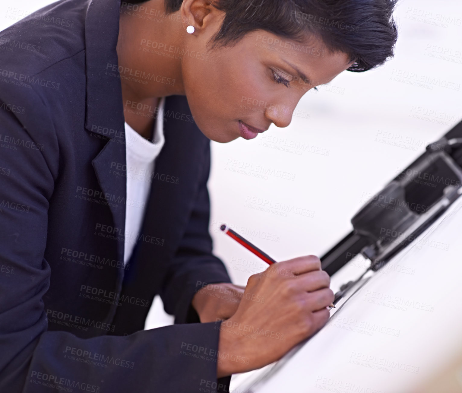 Buy stock photo Measure, civil engineering or woman drawing on blueprint or paper for development project planning. Creative, business or female designer with ruler or pencil for sketching floor plan of an office