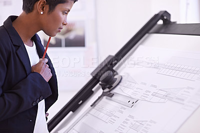 Buy stock photo Floor plan, civil engineering or woman thinking of drawing for development project or planning on paper. Measure, architecture or female designer with ideas for sketching blueprint of office building